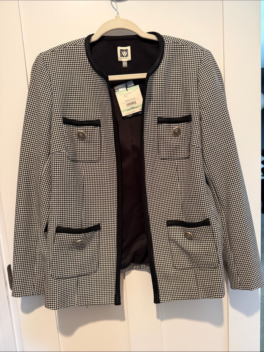 Anne Klein Black & White Houndstooth Collarless Blazer